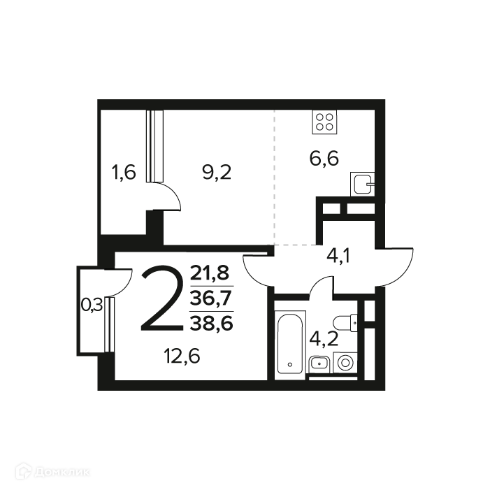 2-комнатная квартира 38.6 м² Новые Ватутинки Заречный
