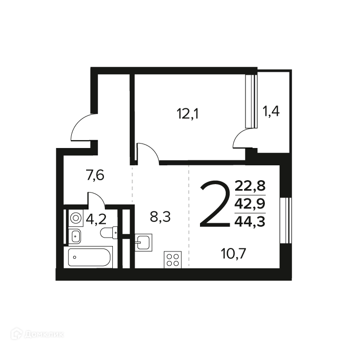 2-комнатная квартира 44.3 м² Новые Ватутинки Заречный
