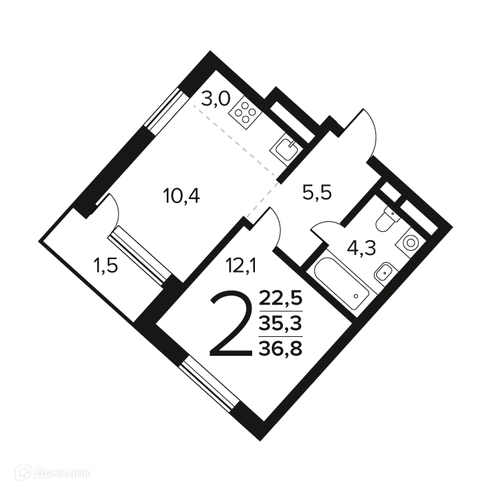 2-комнатная квартира 36.8 м² Новые Ватутинки Заречный