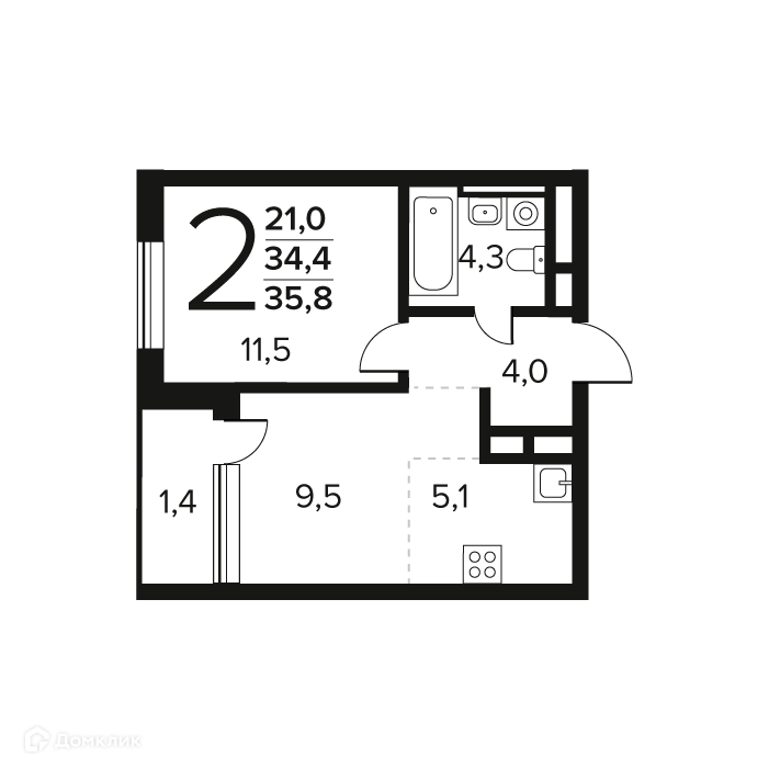 2-комнатная квартира 35.8 м² Новые Ватутинки Заречный