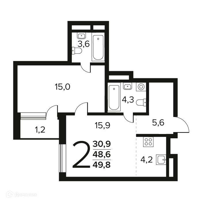 2-комнатная квартира 49.8 м² Новые Ватутинки Заречный