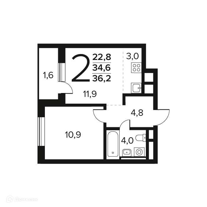 2-комнатная квартира 36.2 м² Новые Ватутинки Заречный