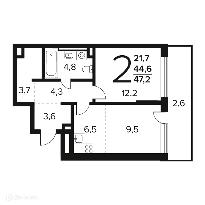 2-комнатная квартира 47.2 м² Новые Ватутинки Заречный