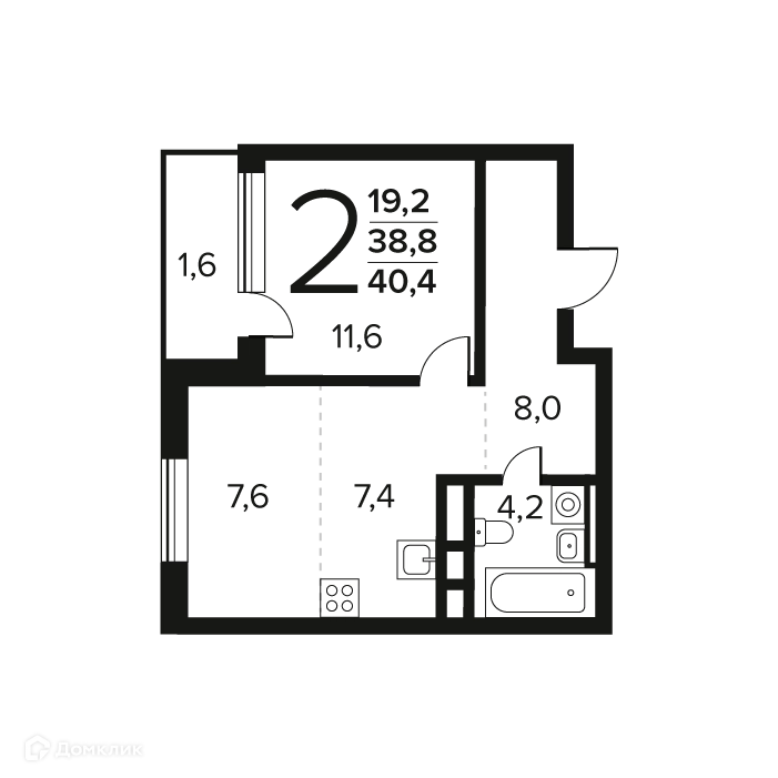 2-комнатная квартира 40.4 м² Новые Ватутинки Заречный