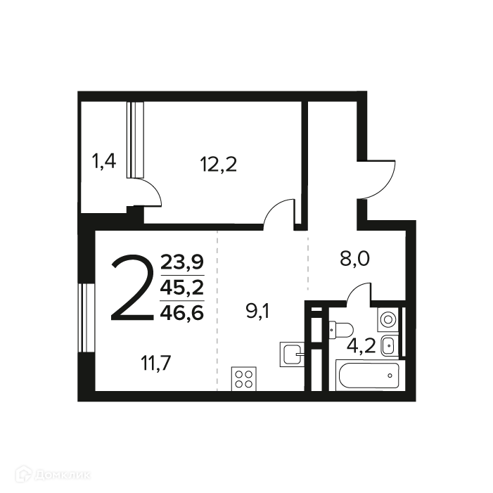 2-комнатная квартира 46.6 м² Новые Ватутинки Заречный