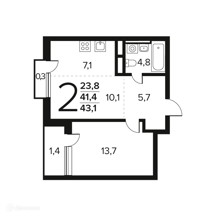 2-комнатная квартира 43.1 м² Новые Ватутинки Заречный