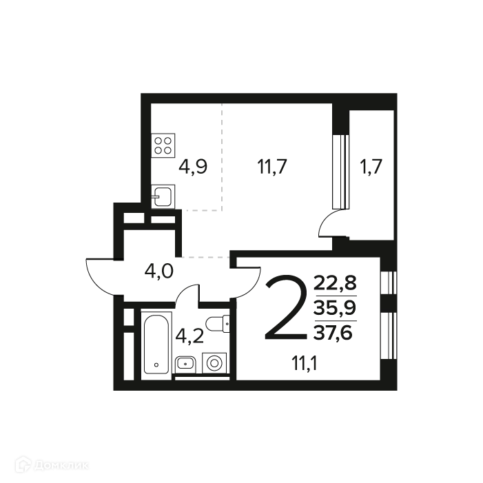 2-комнатная квартира 37.6 м² Новые Ватутинки Заречный