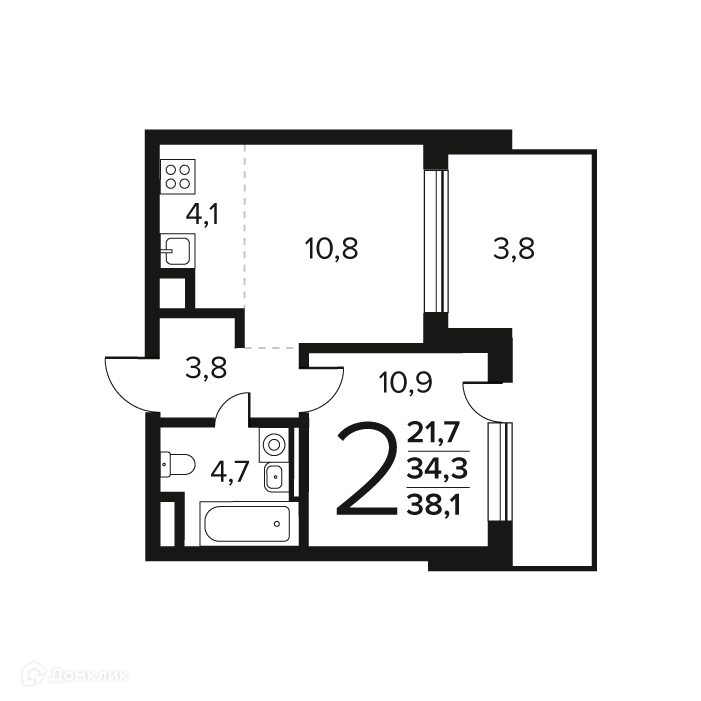 2-комнатная квартира 38.1 м² Новые Ватутинки Заречный