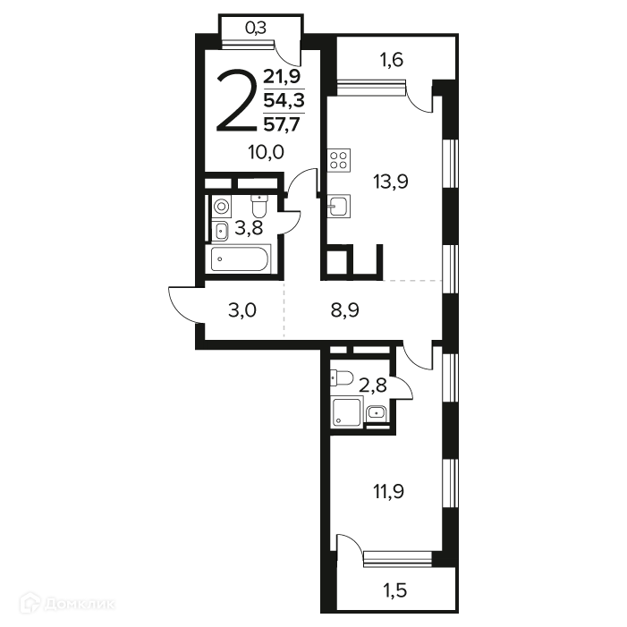 2-комнатная квартира 57.7 м² Новые Ватутинки Заречный
