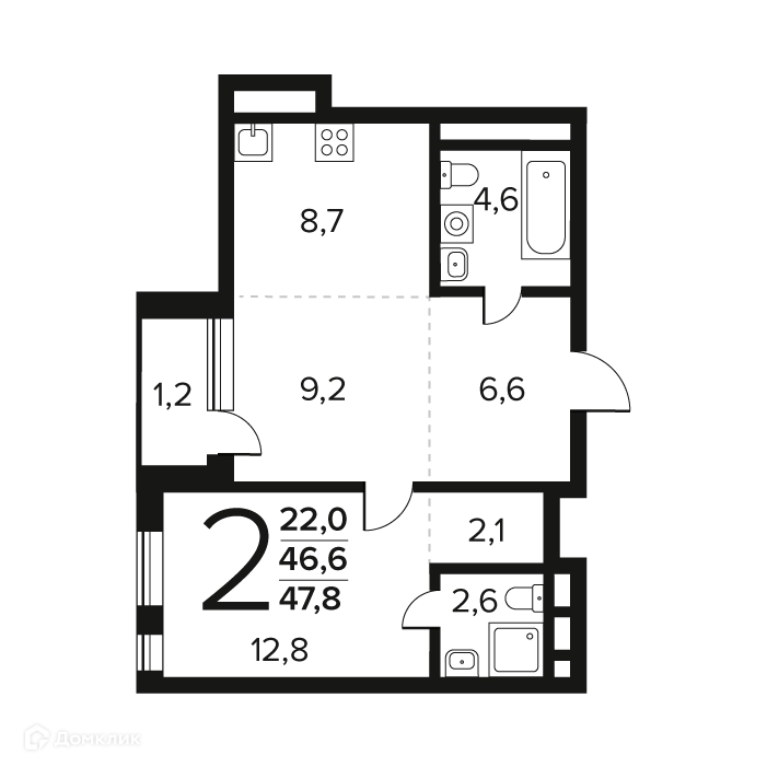 2-комнатная квартира 47.8 м² Новые Ватутинки Заречный