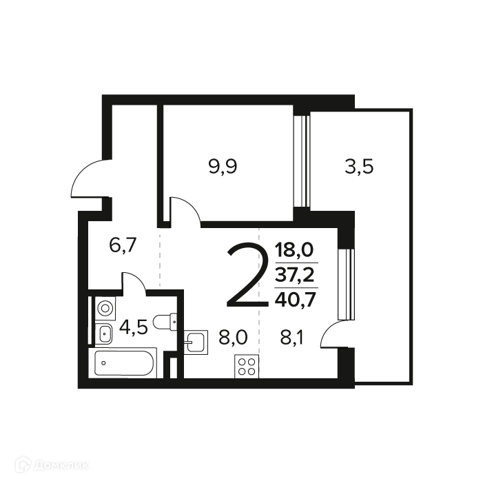 2-комнатная квартира 40.7 м² Новые Ватутинки Заречный