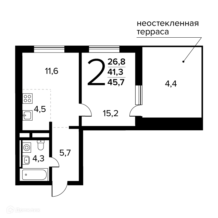 2-комнатная квартира 45.7 м² Новые Ватутинки Заречный