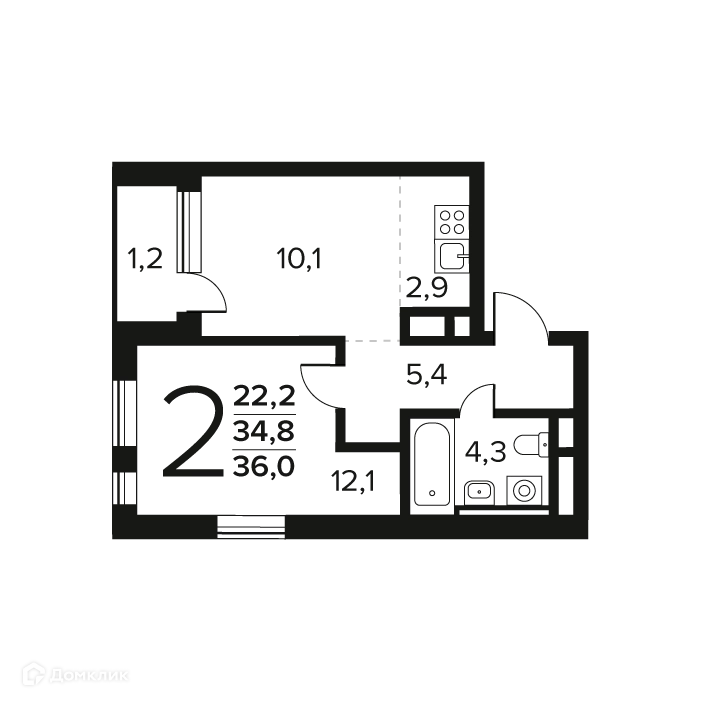 2-комнатная квартира 36 м² Новые Ватутинки Заречный