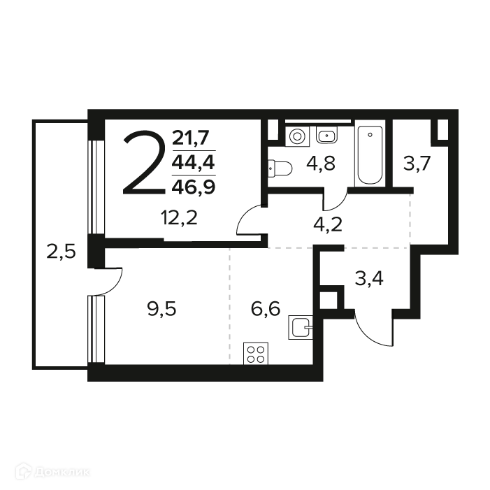 2-комнатная квартира 46.9 м² Новые Ватутинки Заречный