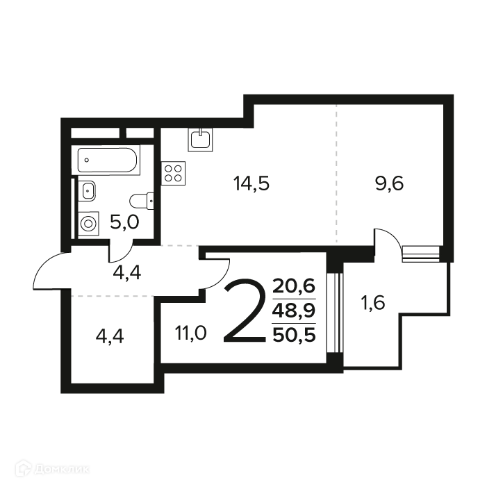 2-комнатная квартира 50.6 м² Новые Ватутинки Заречный