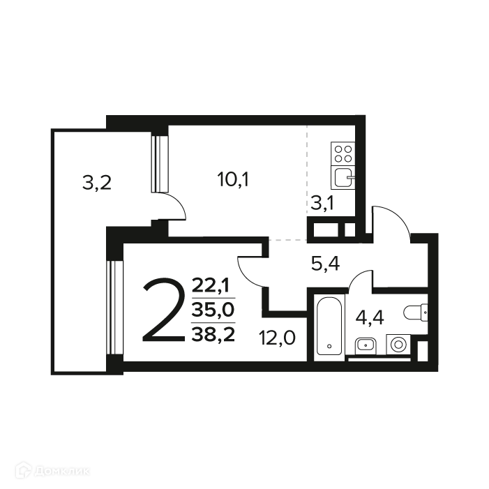 2-комнатная квартира 38.2 м² Новые Ватутинки Заречный