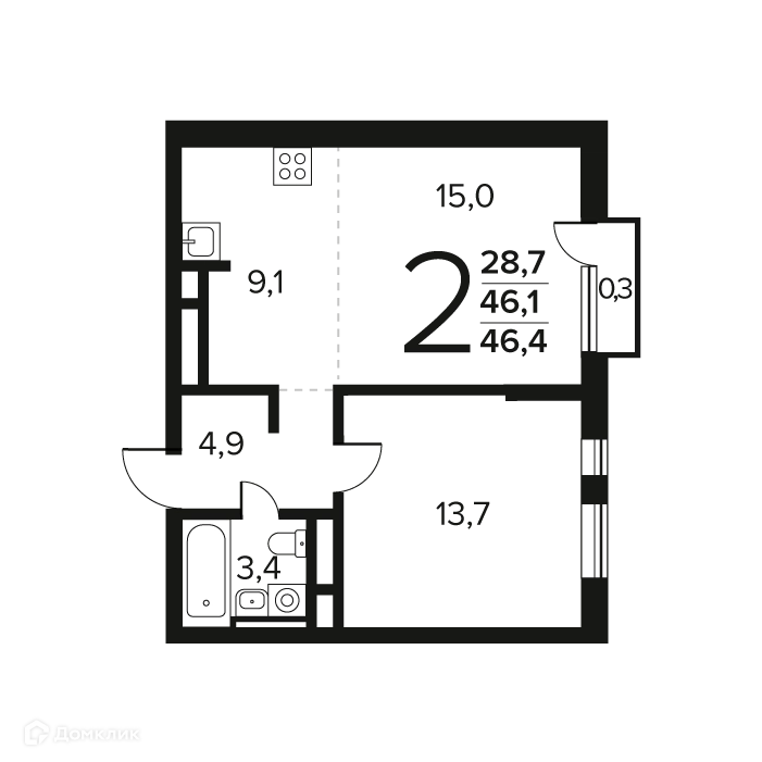 2-комнатная квартира 46.4 м² Новые Ватутинки Заречный