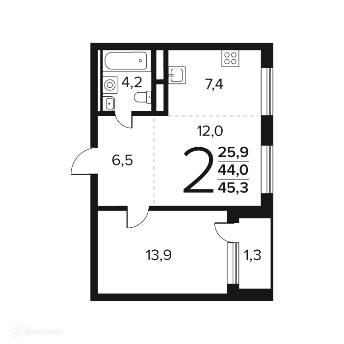 2-комнатная квартира 45.3 м² Новые Ватутинки Заречный