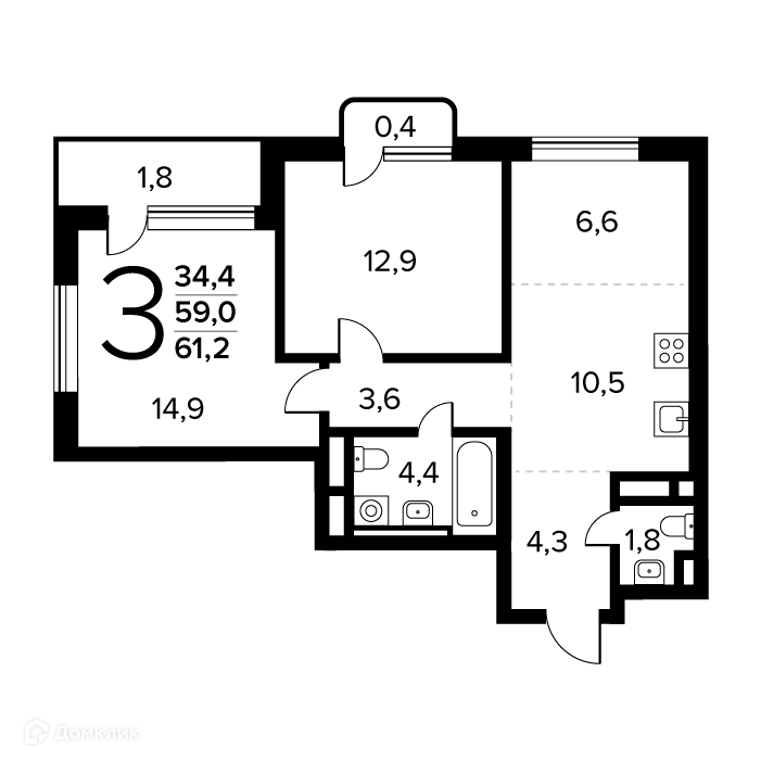 3-комнатная квартира 61.2 м² Новые Ватутинки Заречный
