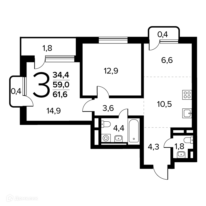 3-комнатная квартира 61.6 м² Новые Ватутинки Заречный