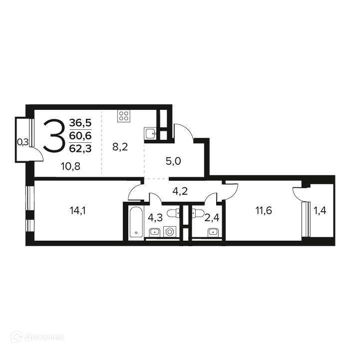 3-комнатная квартира 62.3 м² Новые Ватутинки Заречный