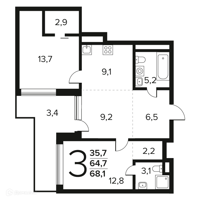 3-комнатная квартира 68.1 м² Новые Ватутинки Заречный
