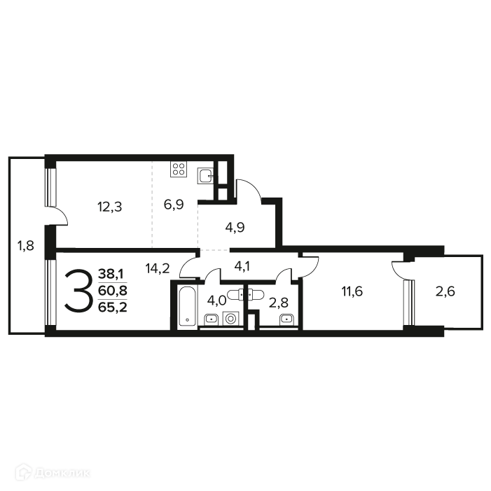 3-комнатная квартира 65.2 м² Новые Ватутинки Заречный