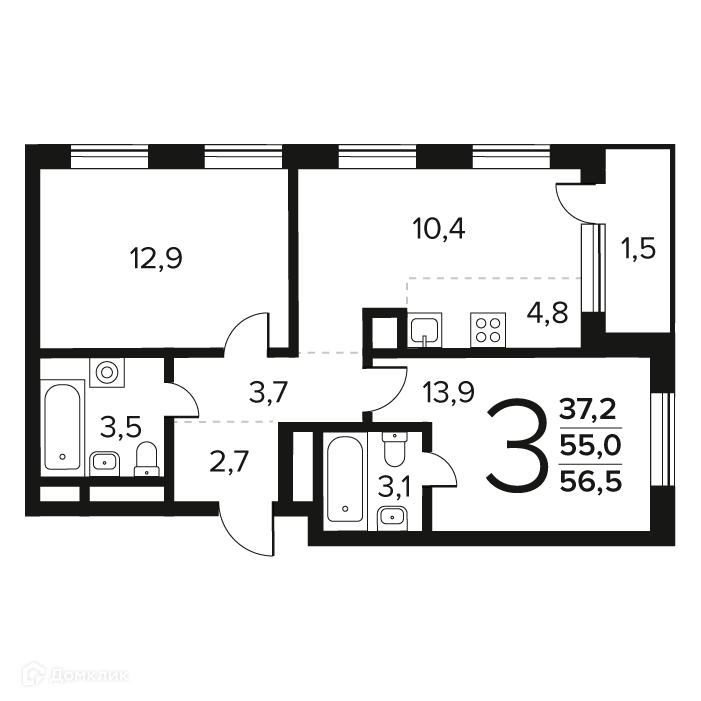 3-комнатная квартира 56.5 м² Новые Ватутинки Заречный