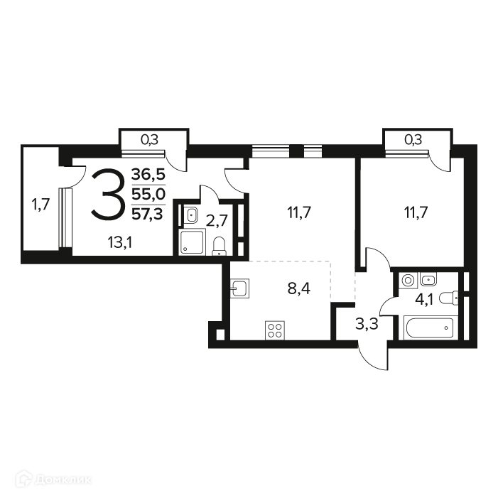 3-комнатная квартира 57.3 м² Новые Ватутинки Заречный