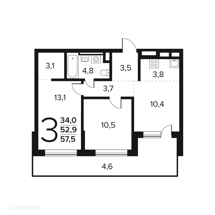 3-комнатная квартира 57.5 м² Новые Ватутинки Заречный