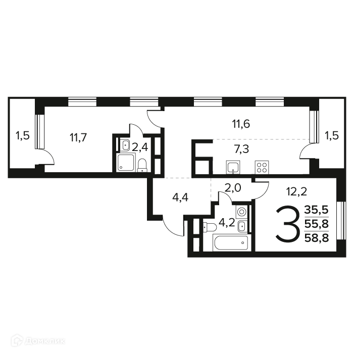 3-комнатная квартира 58.8 м² Новые Ватутинки Заречный