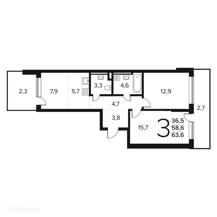 3-комнатная квартира 63.6 м² Новые Ватутинки Заречный