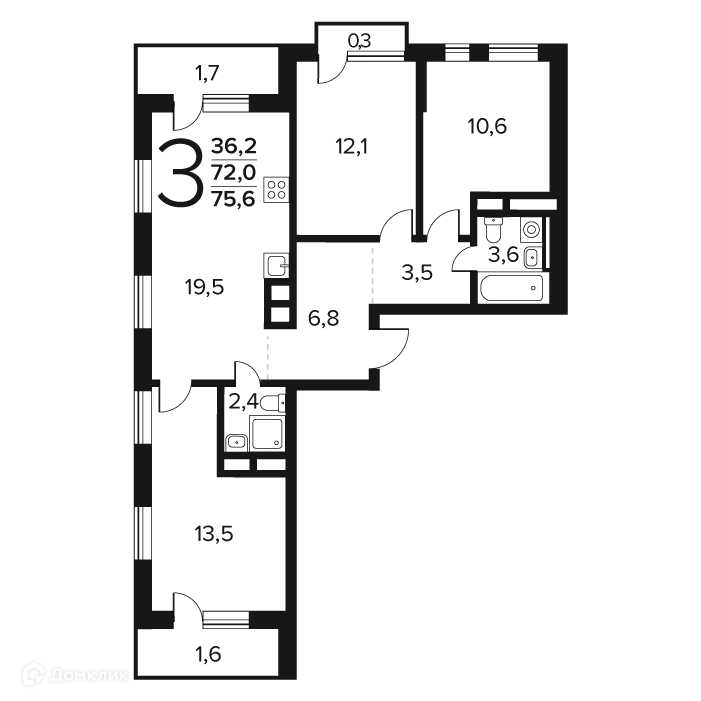 3-комнатная квартира 75.6 м² Новые Ватутинки Заречный
