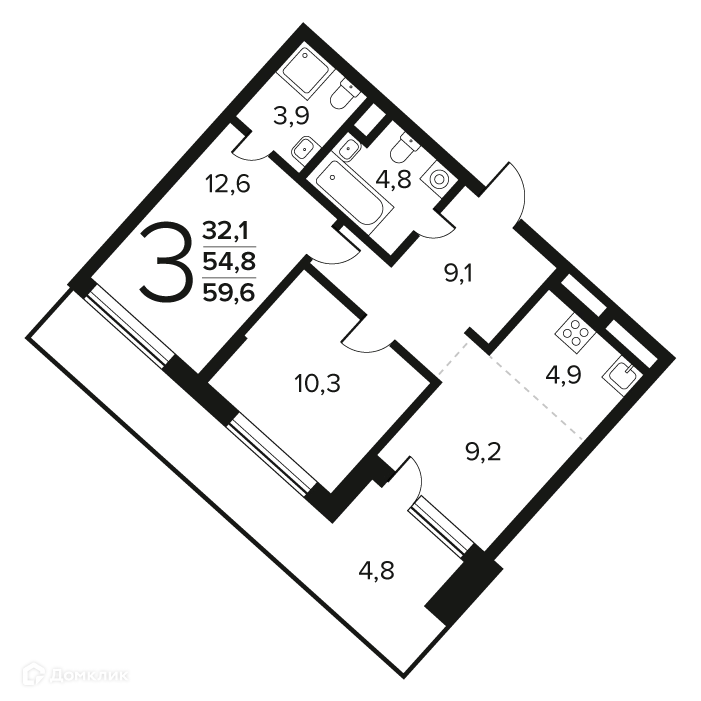 3-комнатная квартира 59.6 м² Новые Ватутинки Заречный