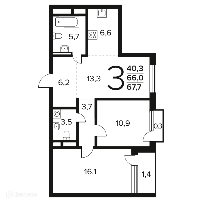 3-комнатная квартира 67.7 м² Новые Ватутинки Заречный