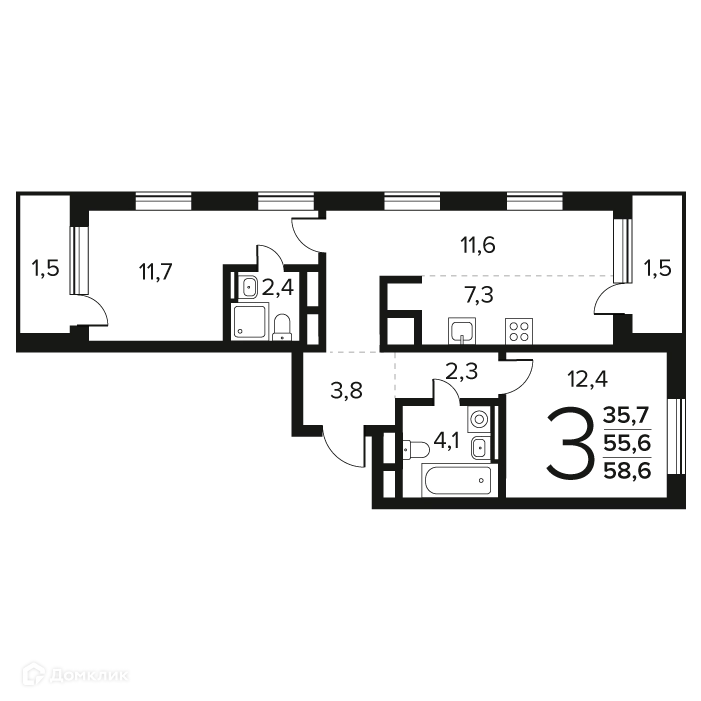 3-комнатная квартира 58.6 м² Новые Ватутинки Заречный