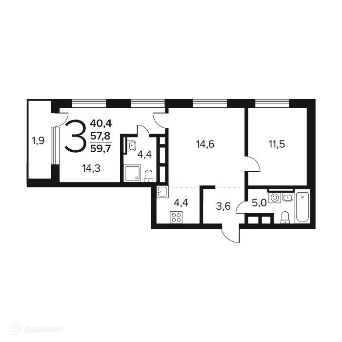 3-комнатная квартира 59.7 м² Новые Ватутинки Заречный
