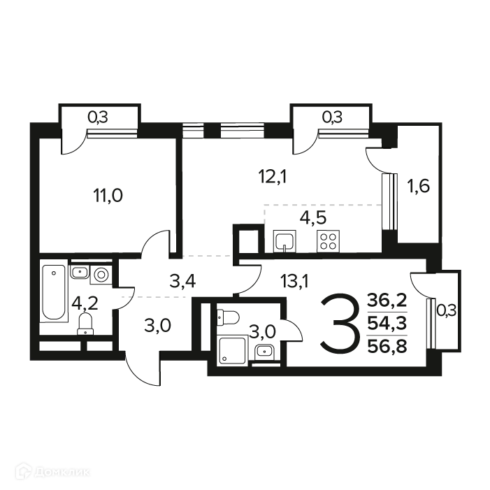 3-комнатная квартира 56.8 м² Новые Ватутинки Заречный