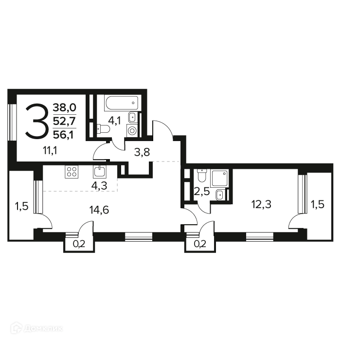 3-комнатная квартира 56.1 м² Новые Ватутинки Заречный