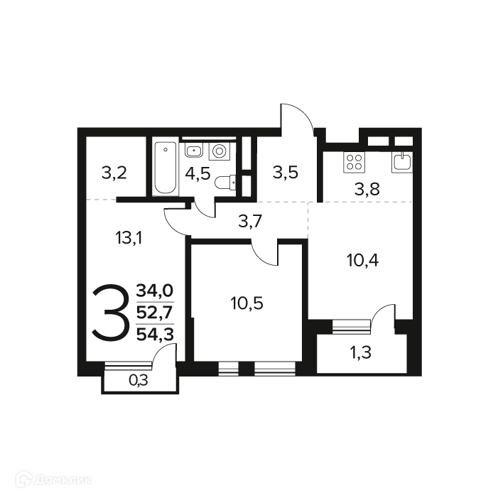 3-комнатная квартира 54.3 м² Новые Ватутинки Заречный