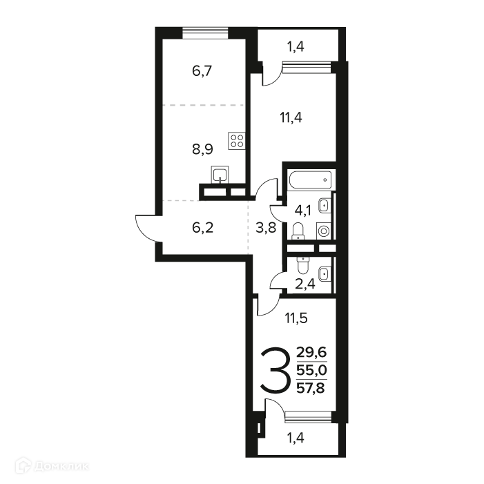 3-комнатная квартира 57.8 м² Новые Ватутинки Заречный
