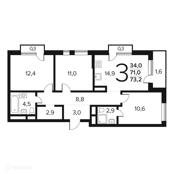 3-комнатная квартира 73.2 м² Новые Ватутинки Заречный