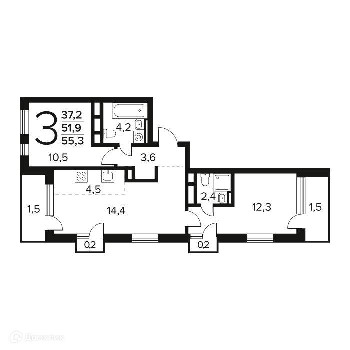3-комнатная квартира 55.3 м² Новые Ватутинки Заречный