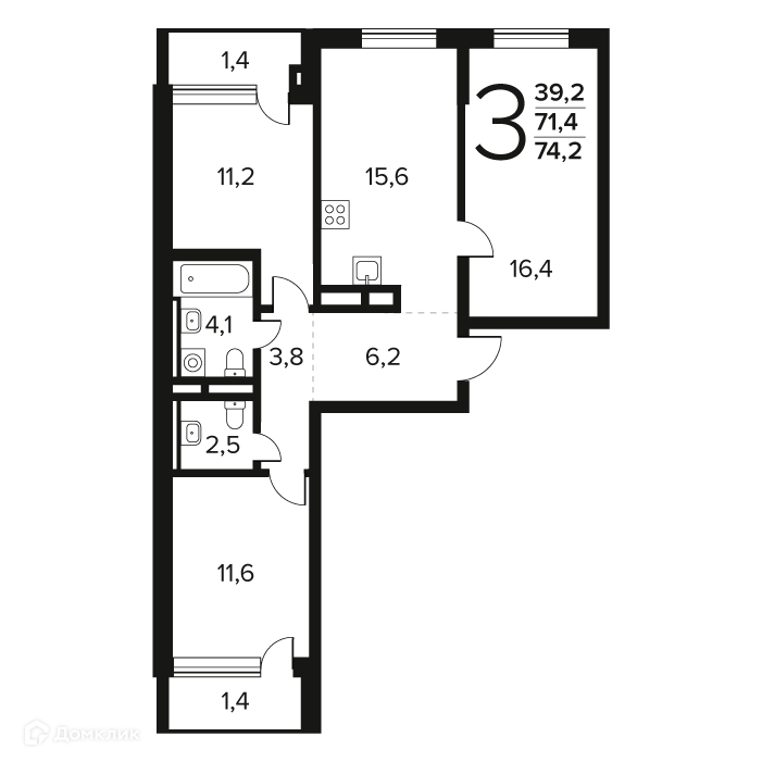 3-комнатная квартира 74.2 м² Новые Ватутинки Заречный