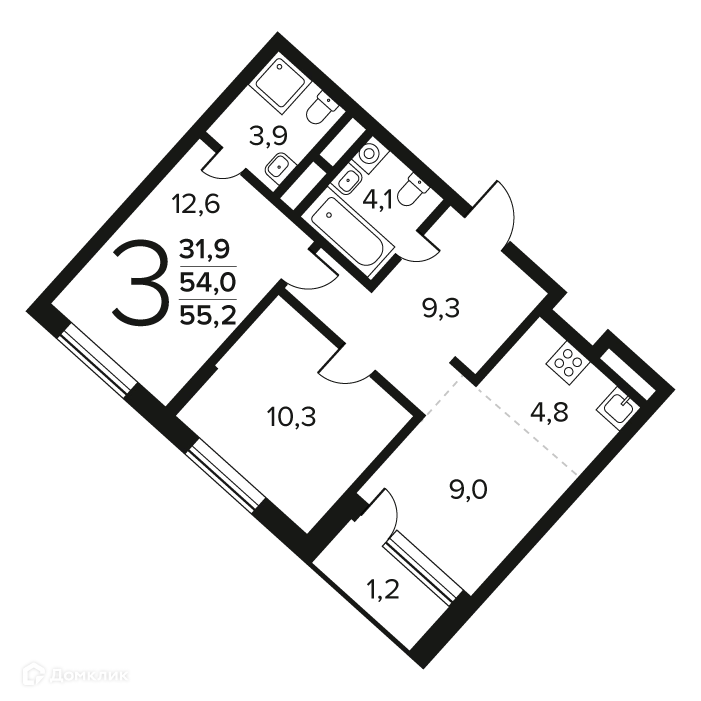 3-комнатная квартира 55.2 м² Новые Ватутинки Заречный
