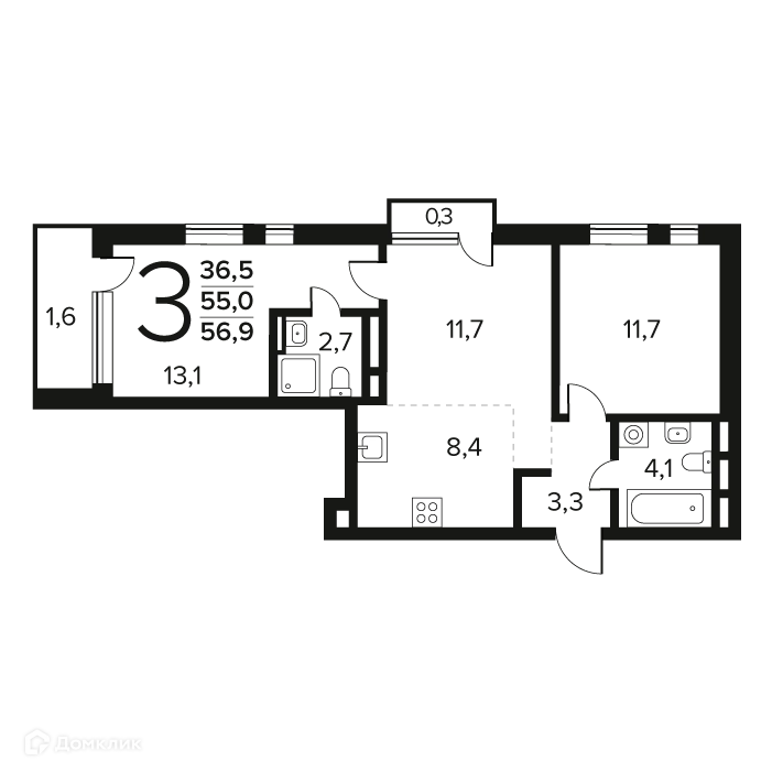 3-комнатная квартира 56.9 м² Новые Ватутинки Заречный