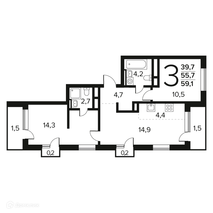3-комнатная квартира 59.1 м² Новые Ватутинки Заречный