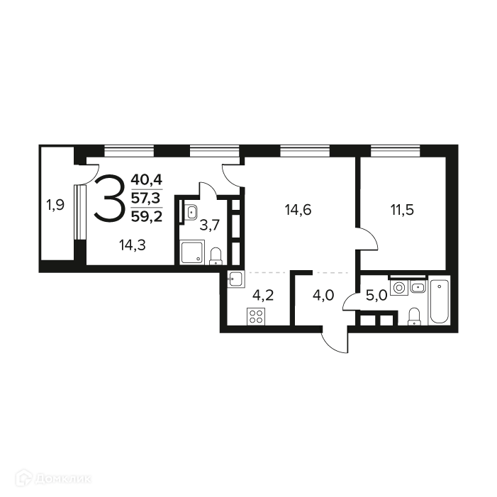 3-комнатная квартира 59.2 м² Новые Ватутинки Заречный