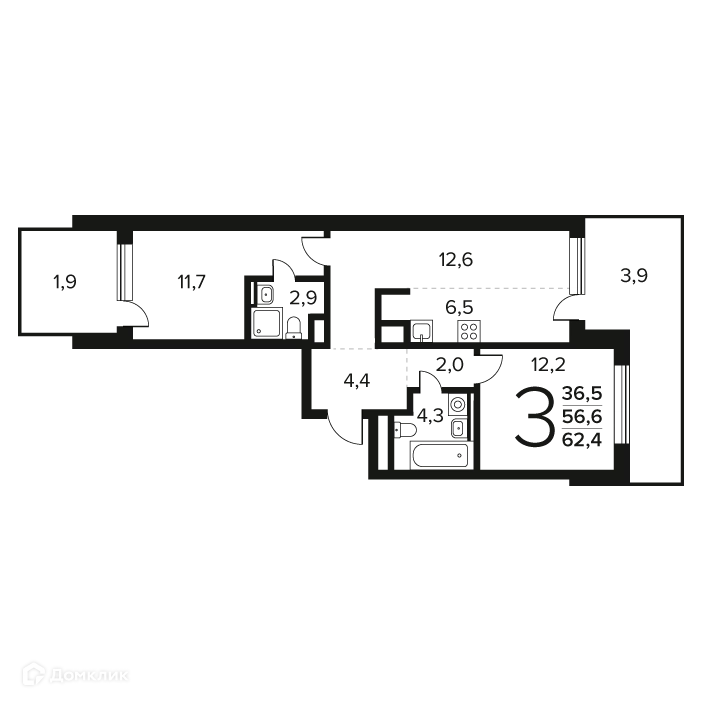 3-комнатная квартира 62.4 м² Новые Ватутинки Заречный