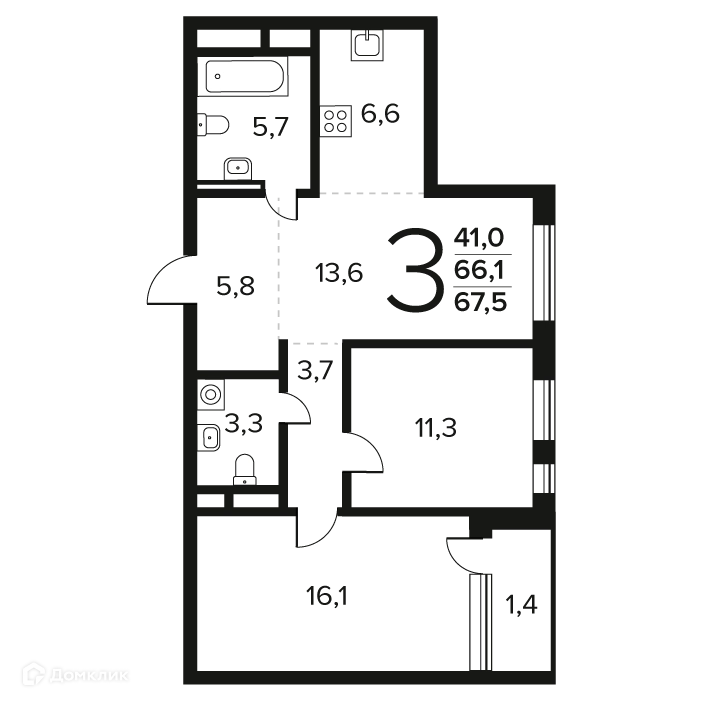 3-комнатная квартира 67.5 м² Новые Ватутинки Заречный